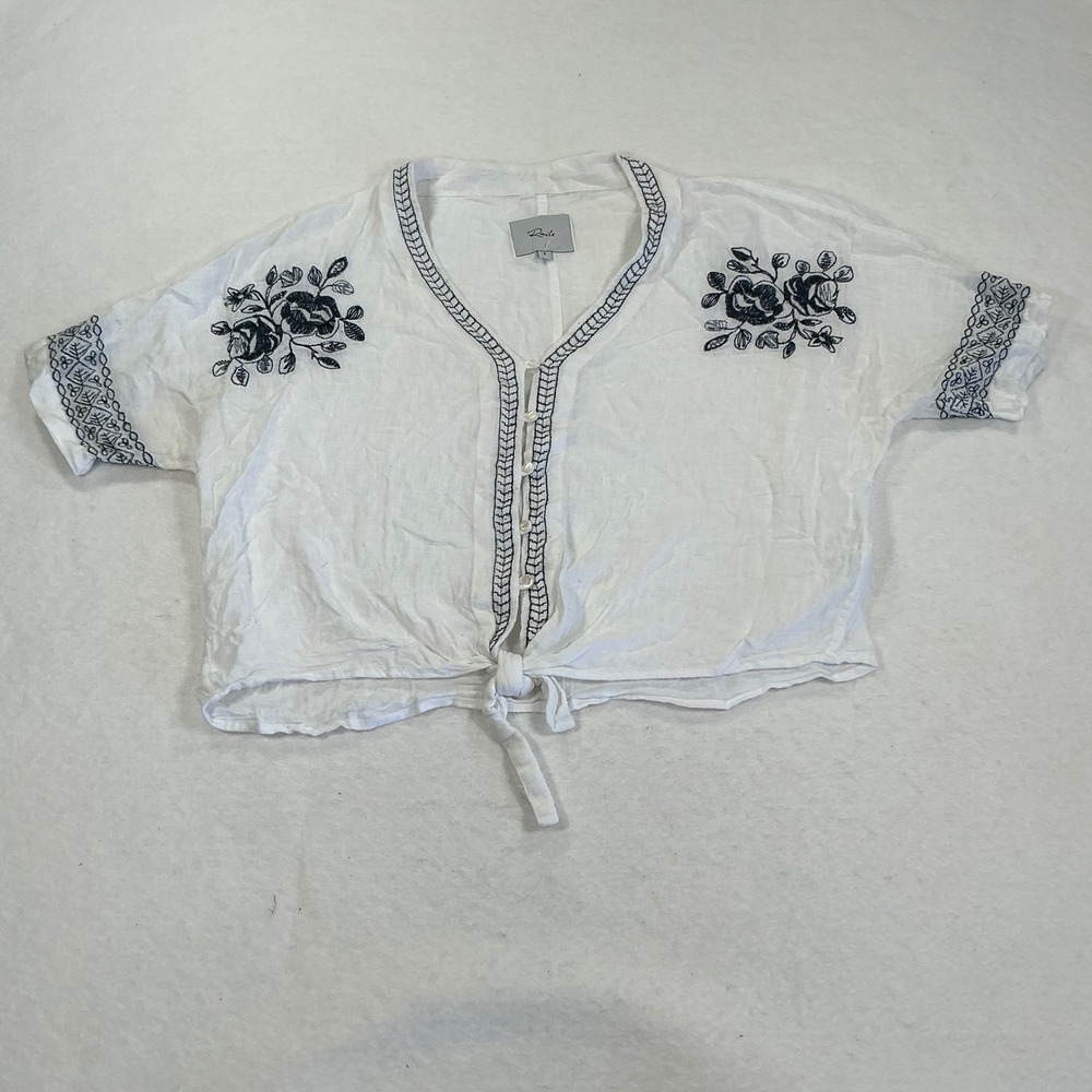 Rails Thea White Blue Floral Embroidery Tie Front Linen Blend Top Small